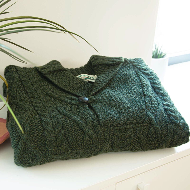 100% Merino Wool Aran Shawl Collar Aran Green Sweater